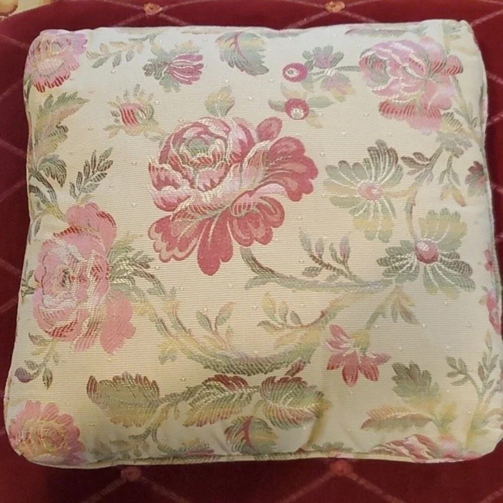 THREE FLORAL PILLOWS  WITH PIPING YELLOW PINK GREEN